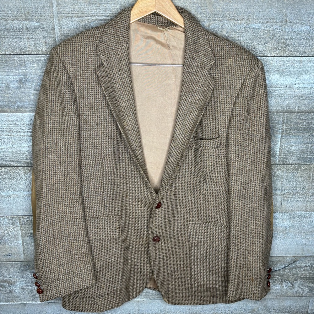 Vintage 100% pure wool brown plaid elbow patch men blazer sport coat 42S